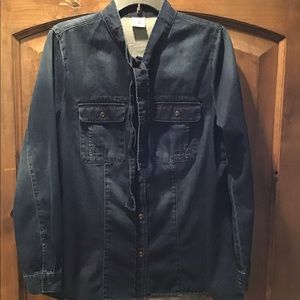 CAbi Blue Bow Button Down Long Sleeve Denim Waterfront Blouse 3290 Size largest